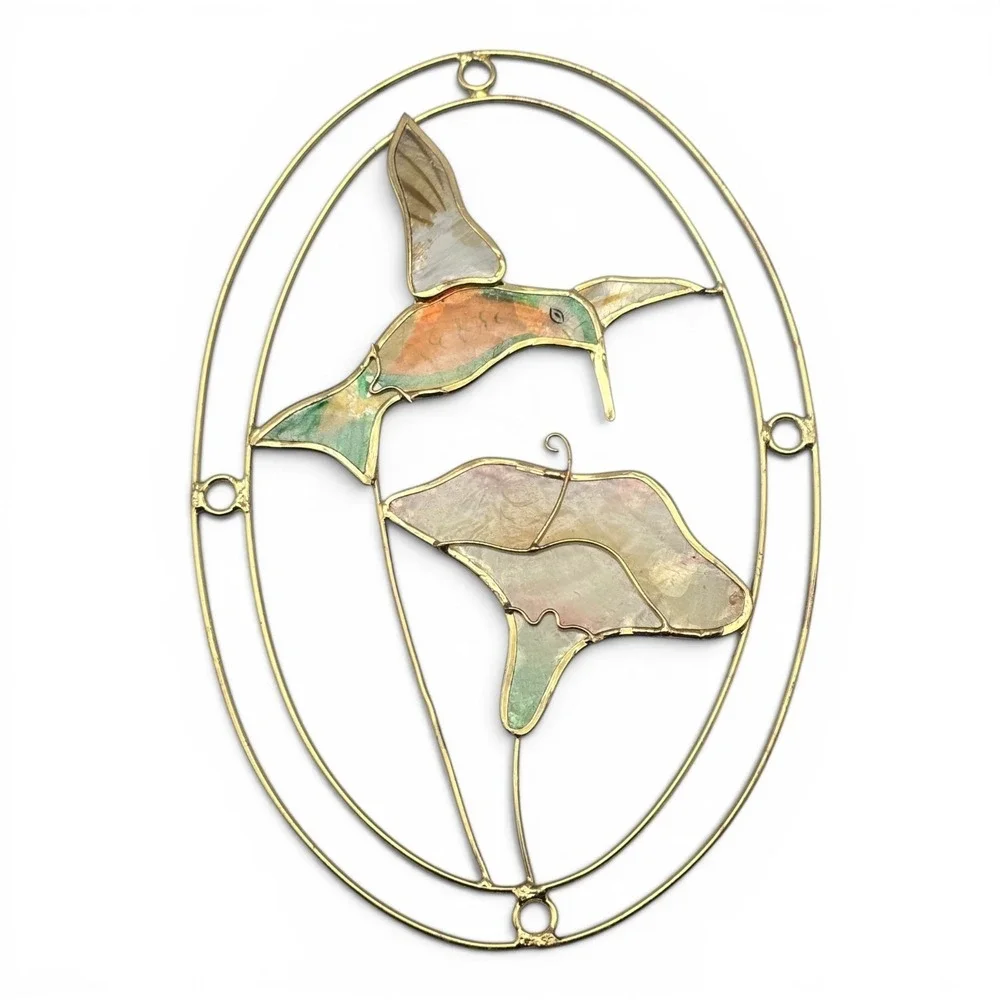 Vintage Hummingbird & Calla Lily Capiz Shell Suncatcher Wall Hanging 6x4